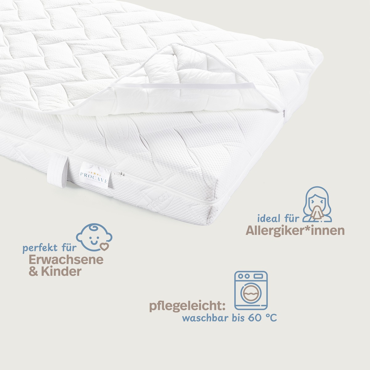 PROCAVE Matratzenauflage AloeVera-Doppeltuch — Infografik: perfekt für Erwachsene und Kinder, ideal für Allergiker*innen, pflegeleicht waschbar bis 60 °C