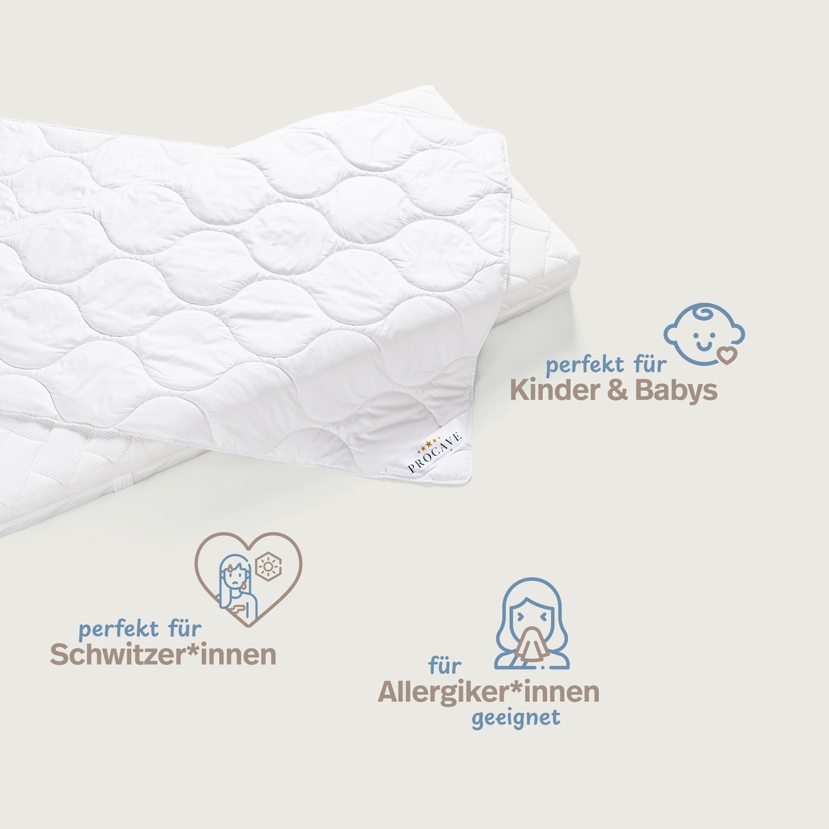 PROCAVE Baumwolle Qualitäts-Bettdecke für den Sommer — Infografik: perfekt für Kinder und Babys, perfekt für Schwitzer*innen, für Allergiker*innen geeignet