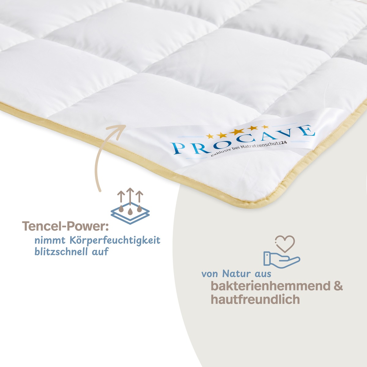 PROCAVE Tencel Qualitäts-Ganzjahresdecke Infografik — Tencel-Power nimmt Körperfeuchtigkeit blitzschnell auf, von Natur aus bakterienhemmend und hautfreundlich