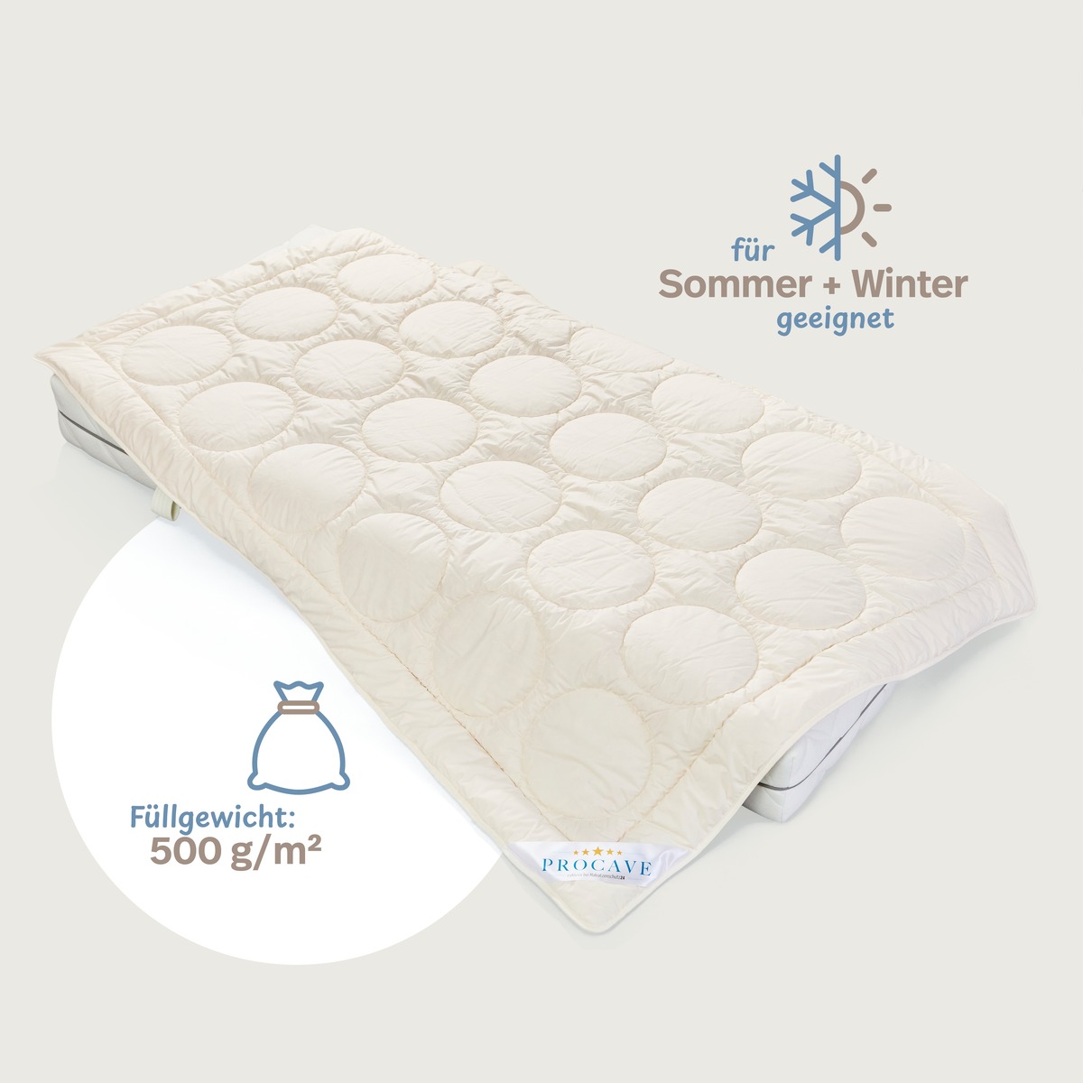 PROCAVE NATUR Schurwolle Ganzjahresdecke mit Zirben-Sp&auml;ne &mdash; Infografik: f&uuml;r Sommer und Winter geeignet, F&uuml;llgewicht 500 g/m&sup2;