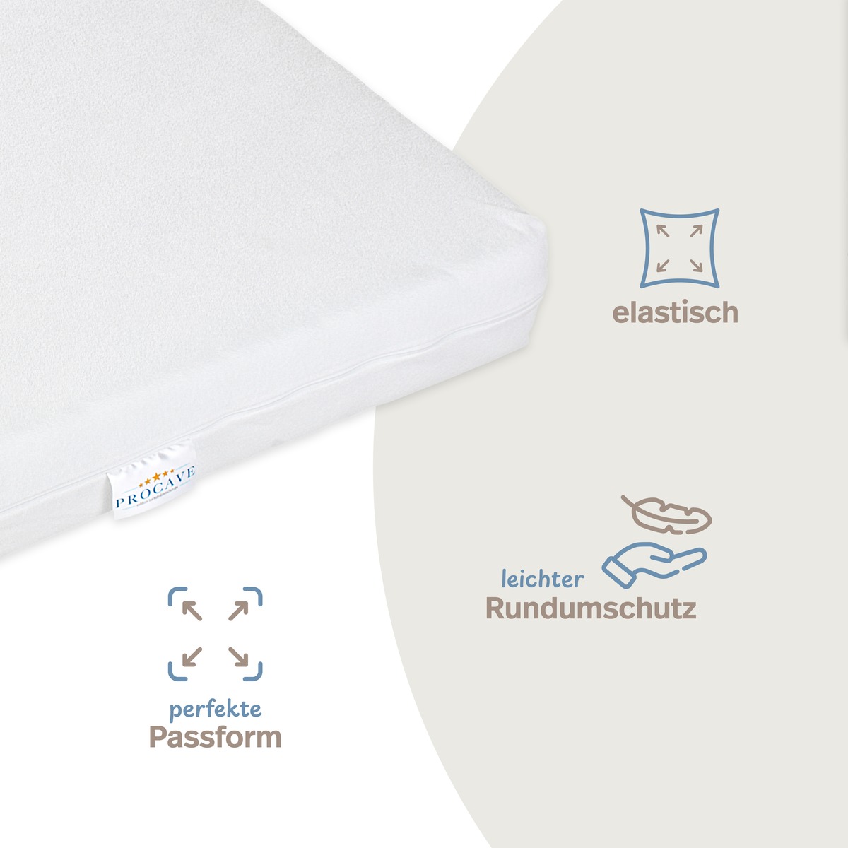 PROCAVE unversteppter Matratzenbezug Frottee-Stretch in weiß — Infografik: elastisch, perfekte Passform, leichter Rundumschutz