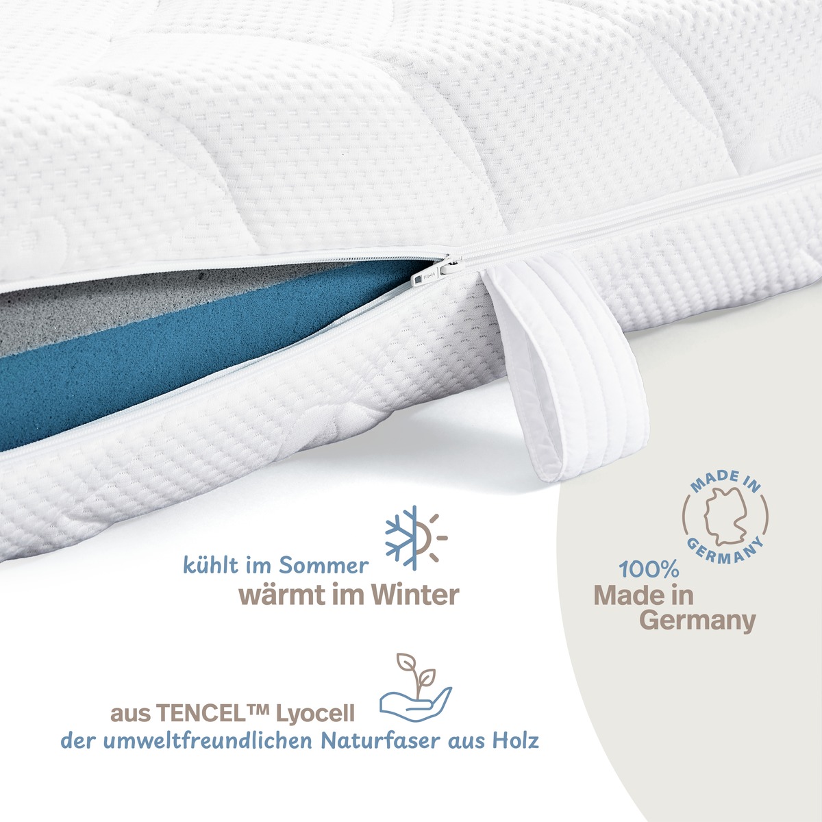 PROCAVE Lyocell Matratzenbezug versteppt Reißverschluss-Nahaufnahme — aus TENCEL Lyocell, der umweltfreundlichen Naturfaser aus Holz, 100 % Made in Germany