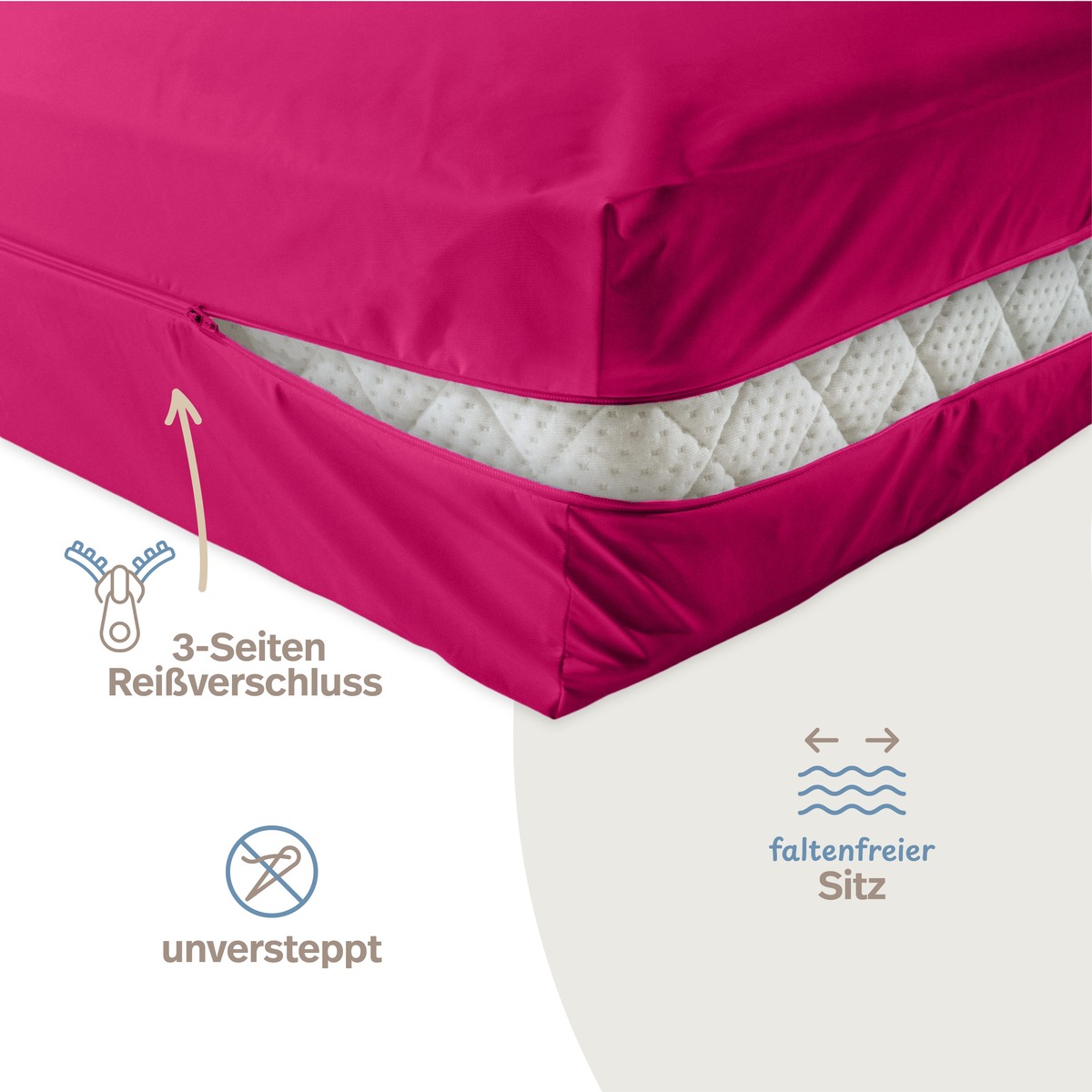 PROCAVE unversteppter Matratzenbezug in Pink — Reißverschluss-Details, unversteppt, faltenfreier Sitz